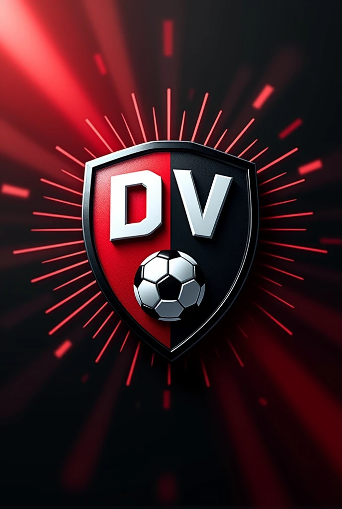 Soccer shield with black and red details with blurred rays in the background with the initials DV with a soccer ball in the center of the upper part 

