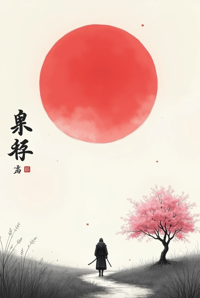 black and white drawing in Japanese style, Samurai in the distance (man, adult person) walking along a path through a field, a single pink cherry blossom tree nearby, Red moon in the sky, The picture above shows a Japanese kanji "quiet". Everything is harmonious around