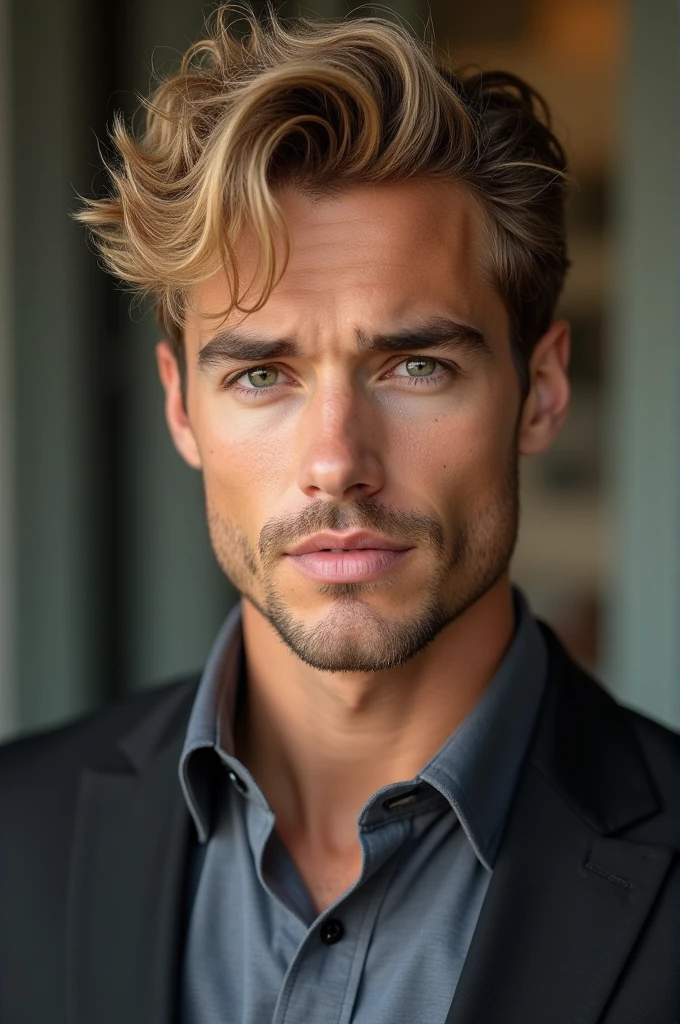 Man with fine but masculine features, short, curly, medium blonde hair, high, slender