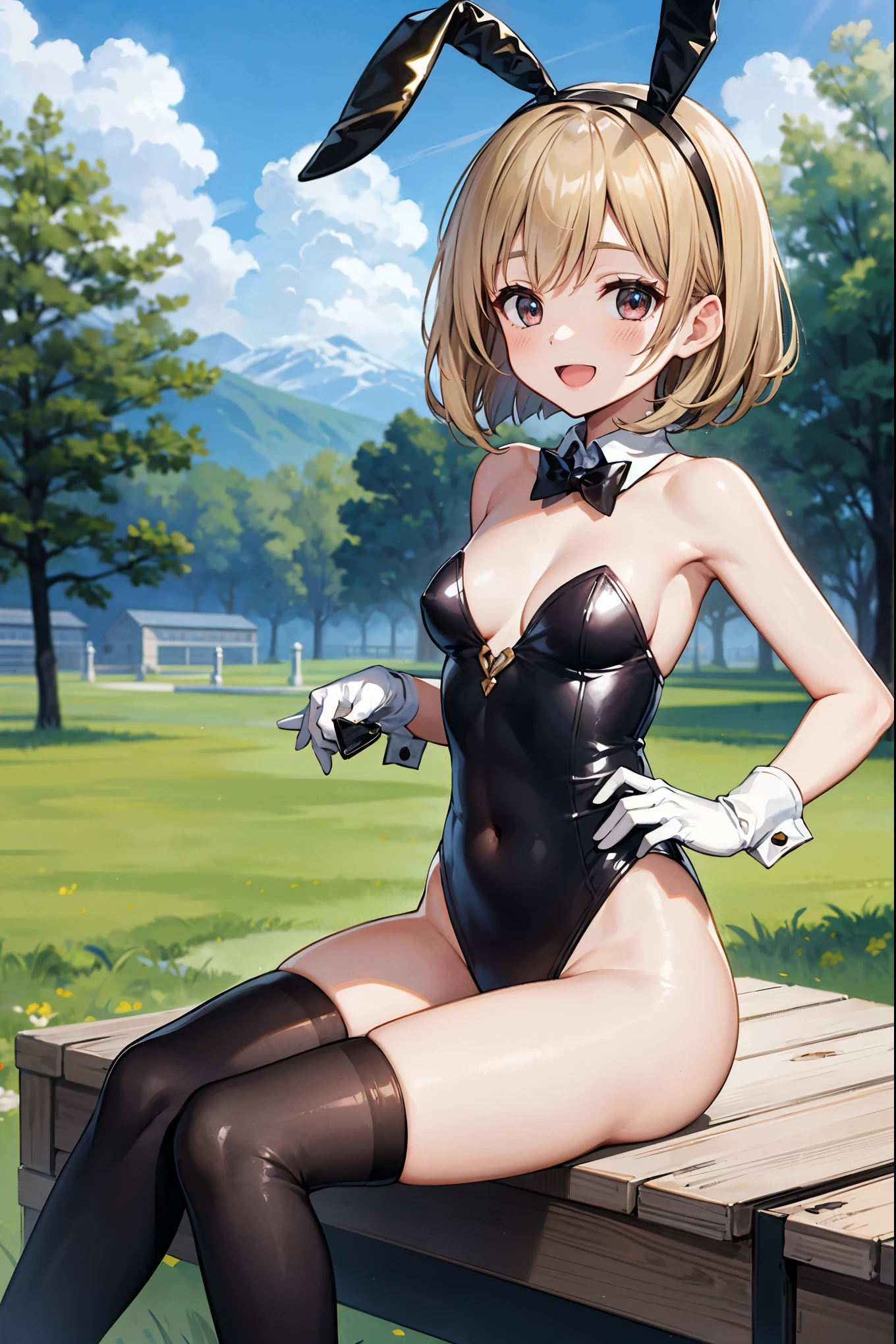 GRANBLUEfantasy,ung_teeirl,brown_hair,medium_bob_hair,platina_blond_hair,white_leotard,covered_crotch,thigh-highs,smile,standing,bluesky_landscape_background,slightly_spread_legs,happiness, short_gloves ,solo, r18, navel,relicbuster,short,boots,open_mouth,sitting,knees,blush,shy,bunny_ears