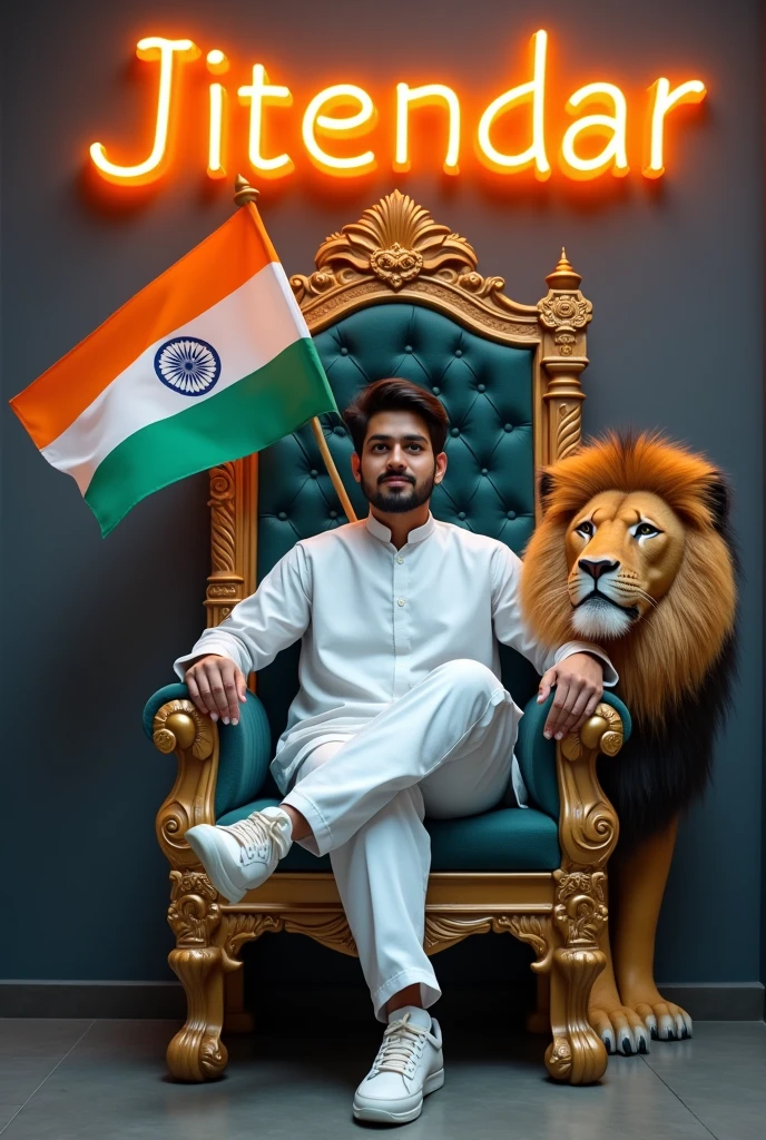 4TH PROMPT :- Create a 3D illusion for the profile picture where a cute 25 year old boy in white kurta is sitting comfortably on the chair of the King of Beasts throne. Indian flag in hand And a ferocious lion next to me. Wearing sneakers, he looks ahead. “jitendar” is written in large, orange neon light font on the dark gray wall in the background. He has no shadow and has Indian Tricolor colored wings 4k

15 August Independence Day Ai Image Creator Prompts