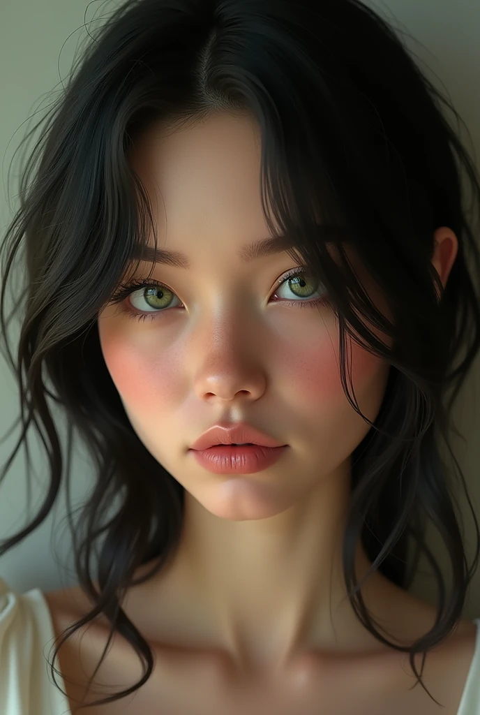 Photorealistic, 20 year old, Caucasian woman, green eyes, black hair,