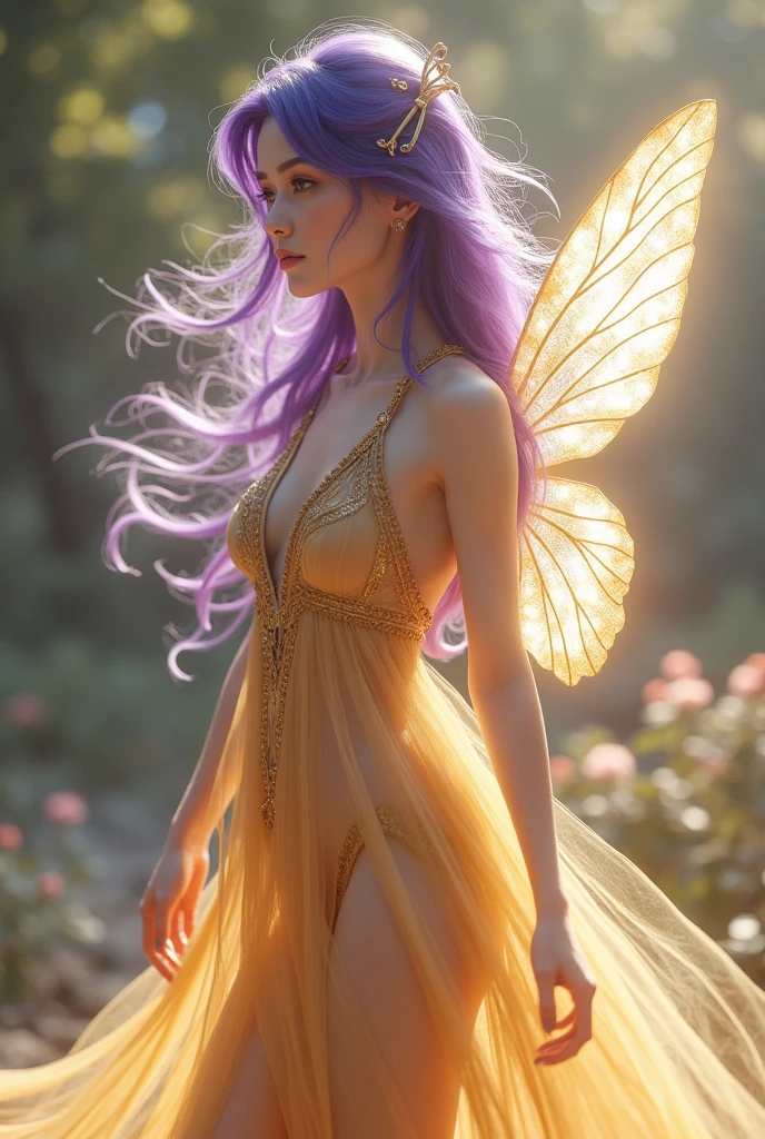 Korean butterfly woman with purple hair wearing a transparent golden Egyptian goddess dress, short, full body, perfect 