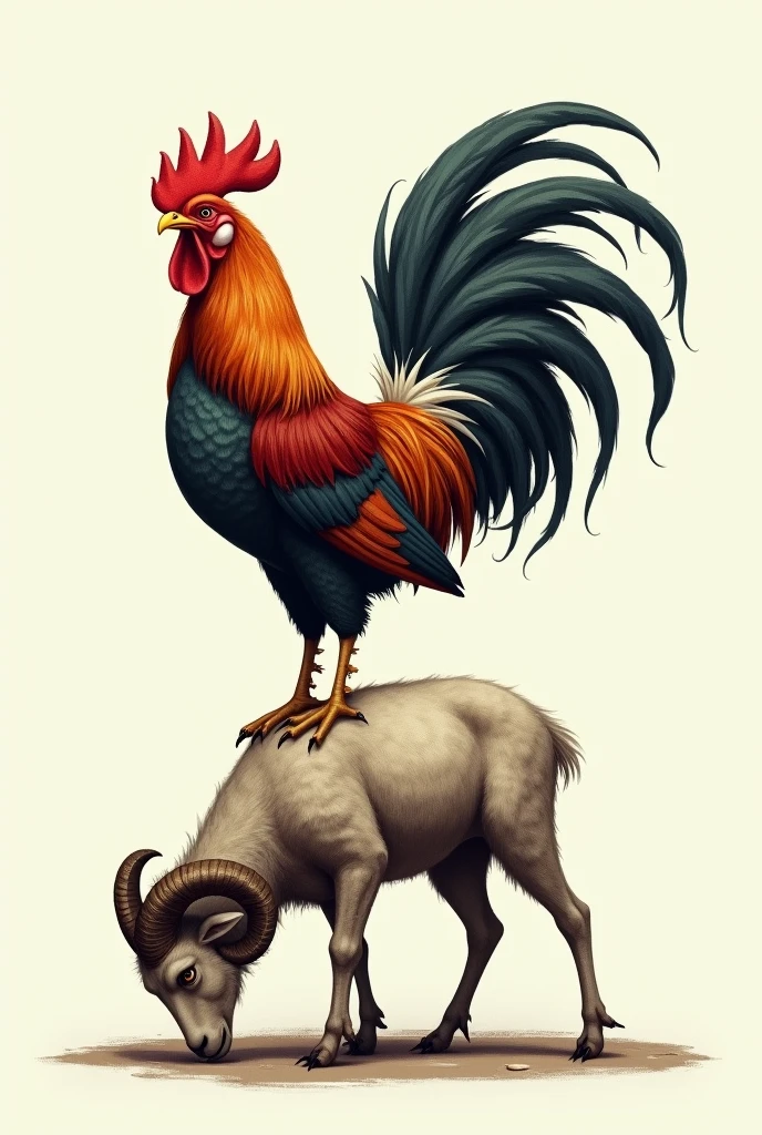 Drawing of a strong rooster riding a sad ram