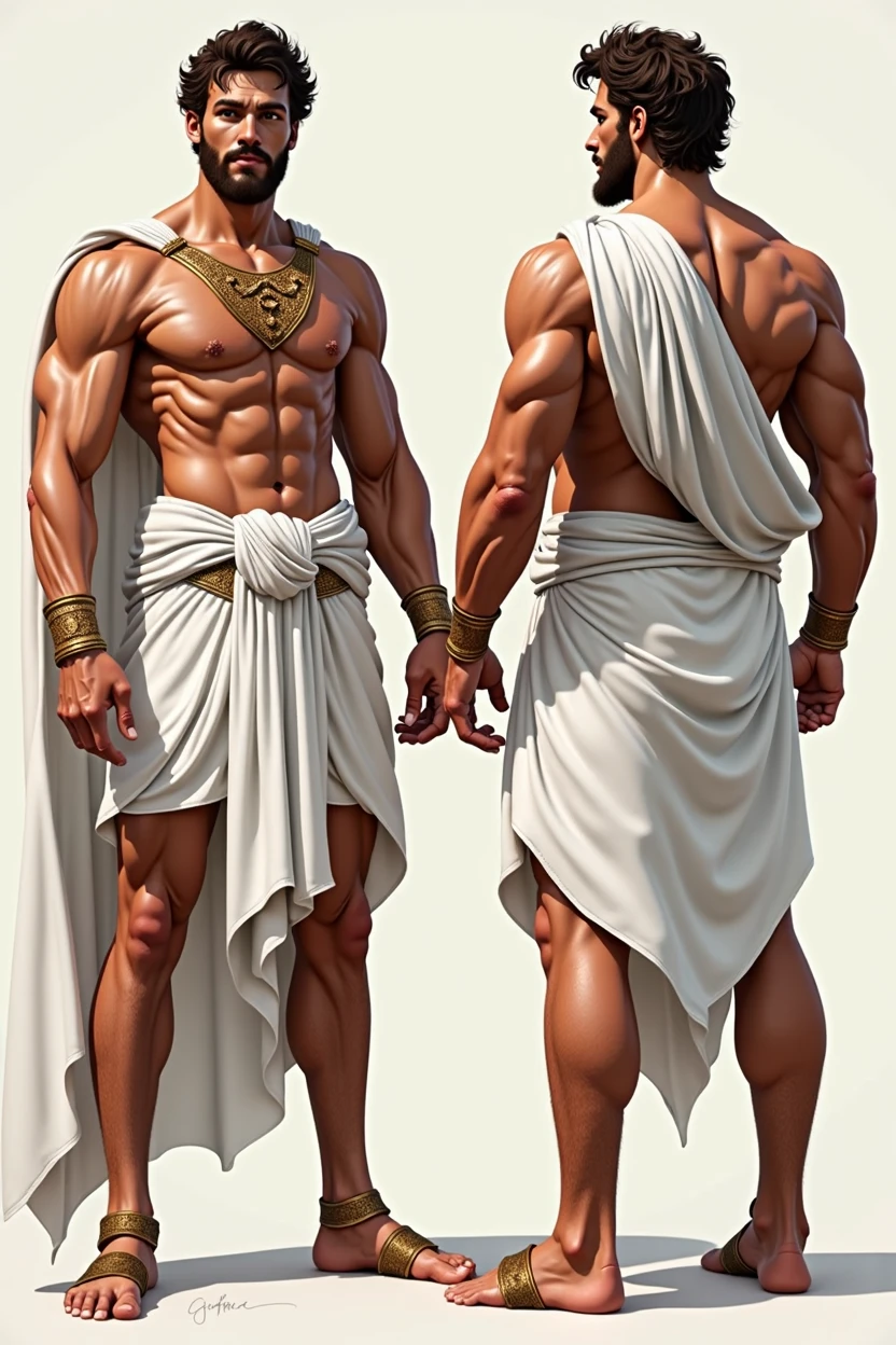 (masterpiece), ultra detailed, 3 views, character view (Front view, side view , back view), (detailed character sheet) , reference sketch of a god of war, God of Greek mythology, His physical appearance is often portrayed as having a strong and muscular build., 25 years, Brown hair, ((chest hair++)) Wearing traditional Greek white clothing, like a loose tunic or chiton, Ultra-realistic, crisp, intricate details, intricate details, and style, Simple background illustration.