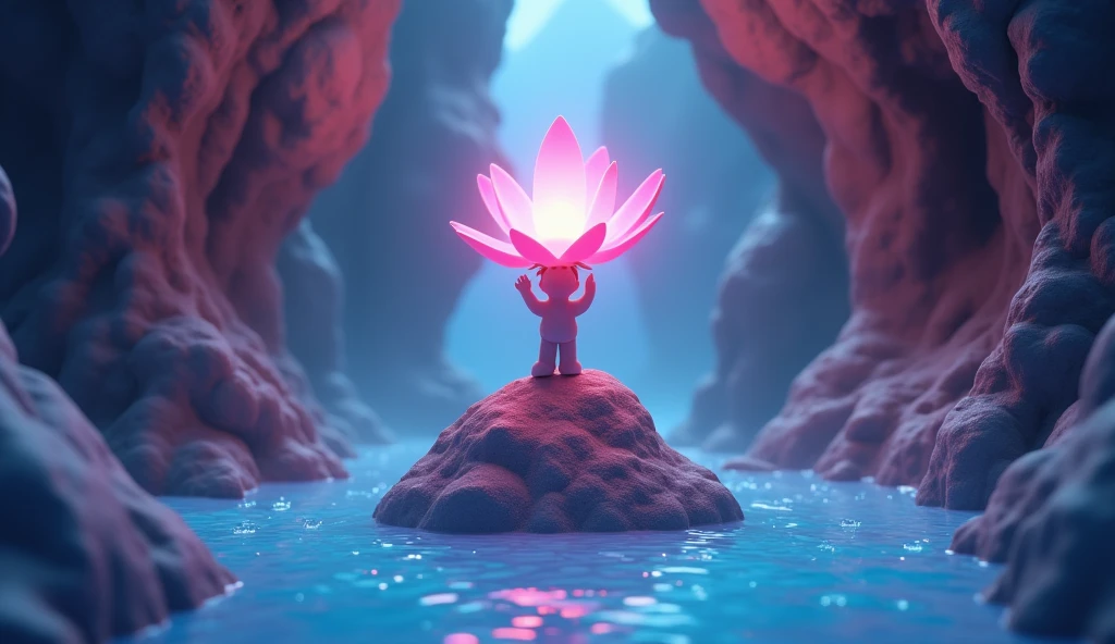 A cave, a small mound in that cave, a man is standing on that mound with a magical flower, water is flowing all around the mound, 3d cartoon image