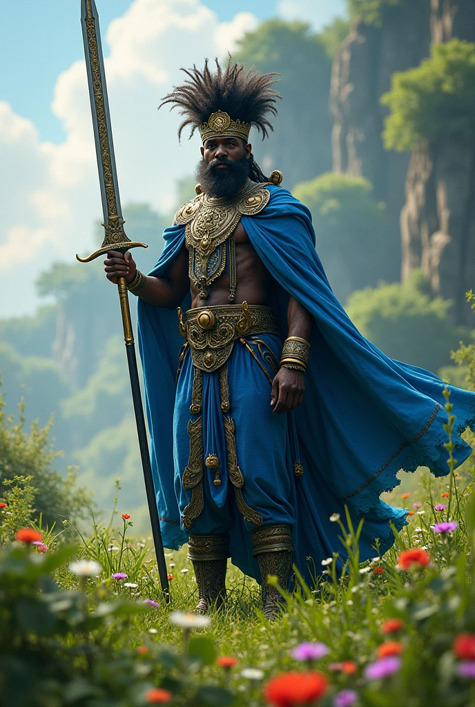 Orisha Black Man, warrior, clothes in blue color, with a raised sword, in a meadow.
