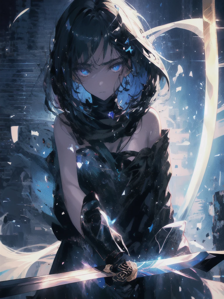 Holding a one-handed sword、Please take the black sword.、((masterpiece, highest quality, Super detailed, High resolution)), alone, beautiful girl, shining eyes, perfect eyes, 15 years old, black white gold theme,