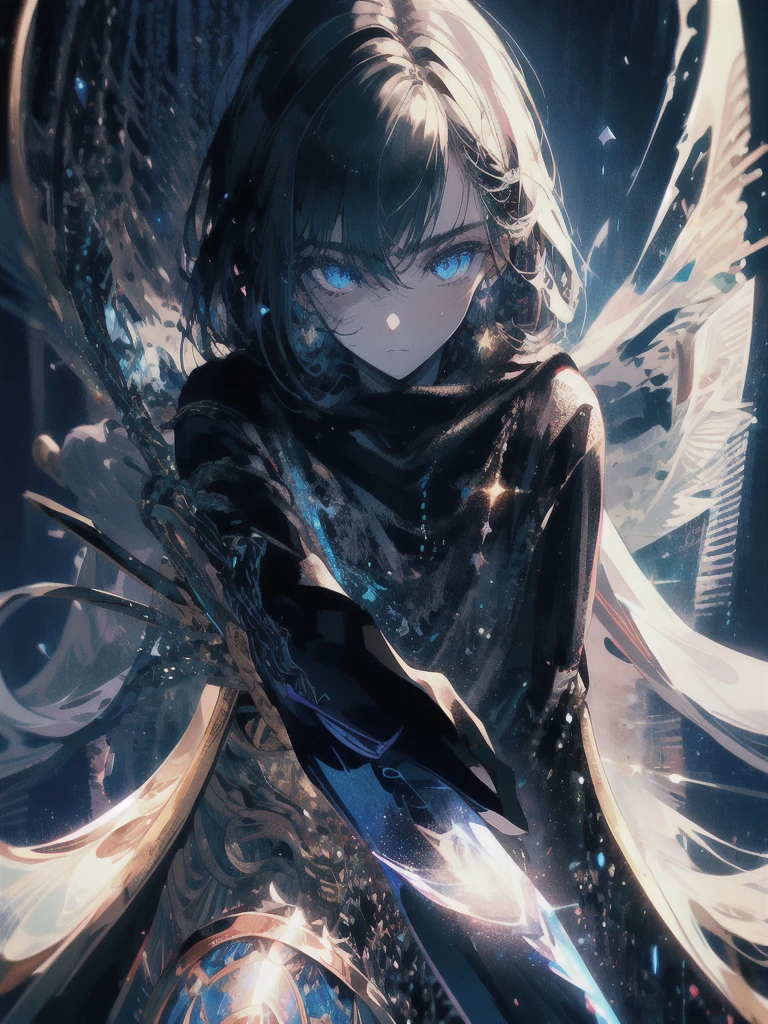 Holding a one-handed sword、Please take the black sword.、((masterpiece, highest quality, Super detailed, High resolution)), alone, beautiful girl, shining eyes, perfect eyes, 15 years old, black white gold theme,