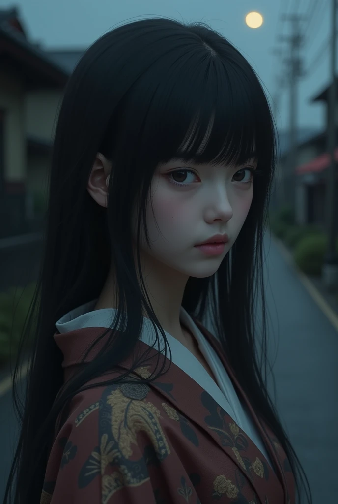 Japanese women。Black Hair。Fair skin。kimono。Long Hair。Gazing wistfully from the dark road ahead.
More realistically.。Bangs are straight。