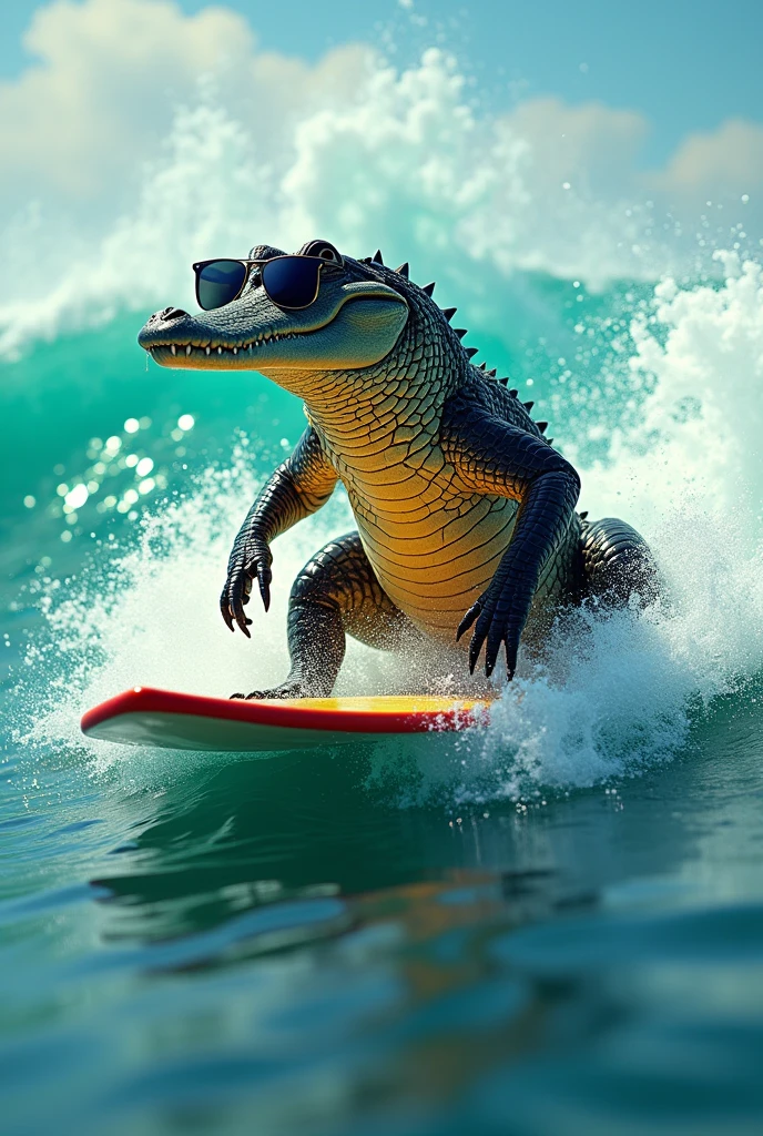 An alligator wearing sunglasses surfing 