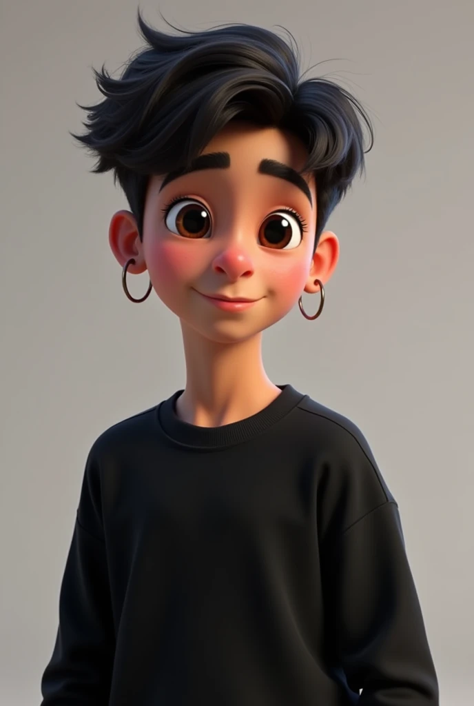 Disney Pixar Character, age 20 years, hoop earrings, shorth hair, Does not have a beard, dark haired, dark shaped eyes, wearing a black sweatshirt.