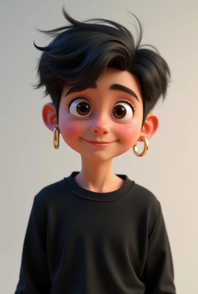 Disney Pixar Character, age 20 years, hoop earrings, shorth hair, Does not have a beard, dark haired, dark shaped eyes, wearing a black sweatshirt.