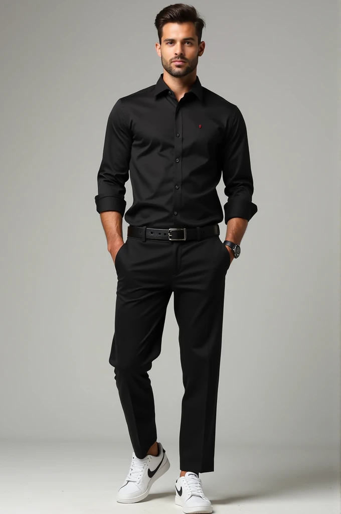 
Man wearing a smart casual outfit with white Nike sneakers, black twill pants and black dress shirt with burgundy details (No blazer)