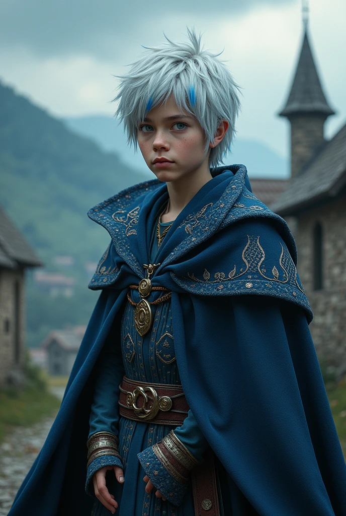 He has white hair with blue tips, he's a wizard, his eyes are light blue and he is young.  A medieval period character with short hair.
