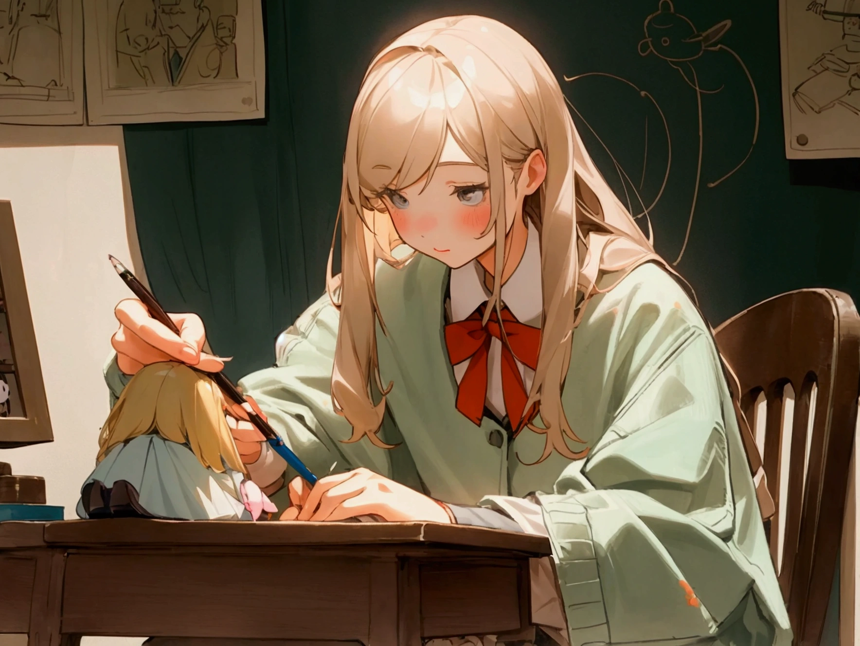 A high school girl drawing An adult man making dolls A junior high school girl doing crafts A high school boy drawing a poster men and women4name Bright atmosphere Artistic atmosphere