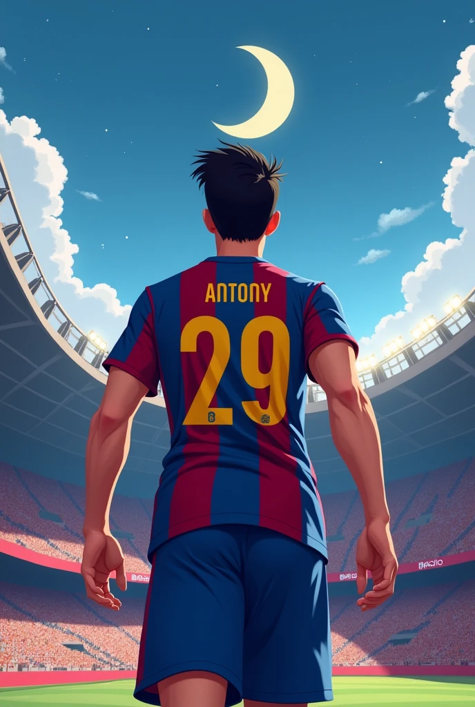 Animated young man wearing the Barcelona number 29 shirt with the name Antony, from behind entering a football stadium looking towards the sky the moon in profile closer