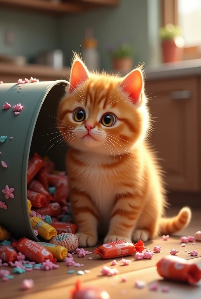 The fat orange kitten sit next to the garbage which full of sweets and candy in the kitchen