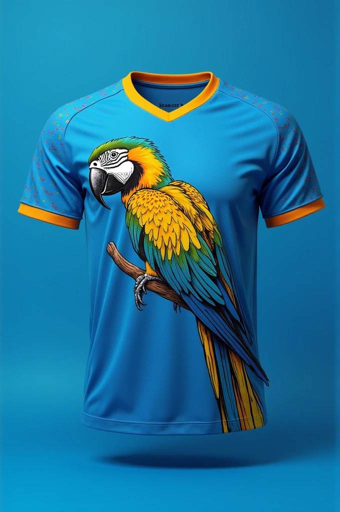 Team jersey with a macaw drawn on a blue background