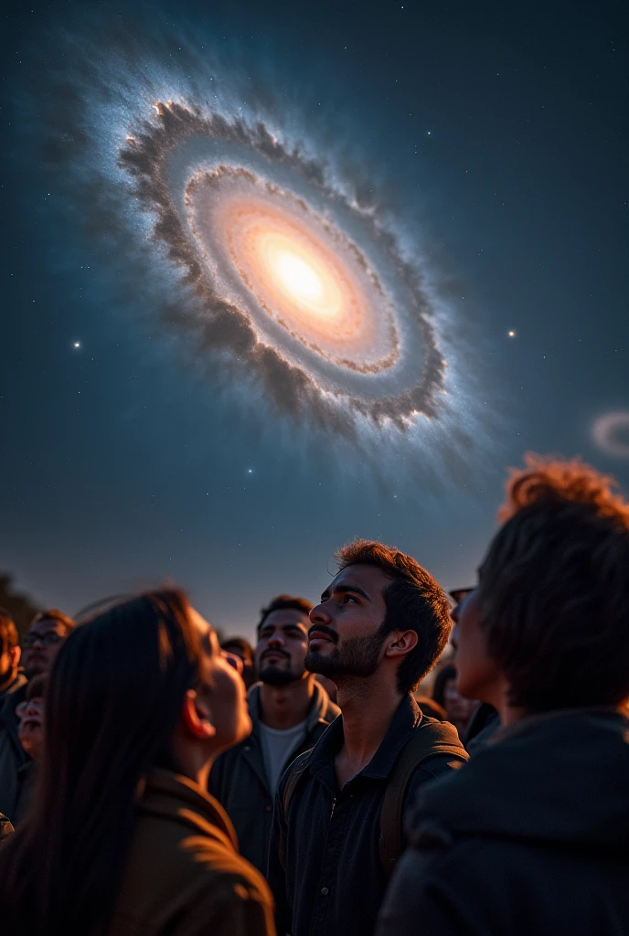 A stunning real photograph of humanity appreciating the beauty of a spiral galaxy