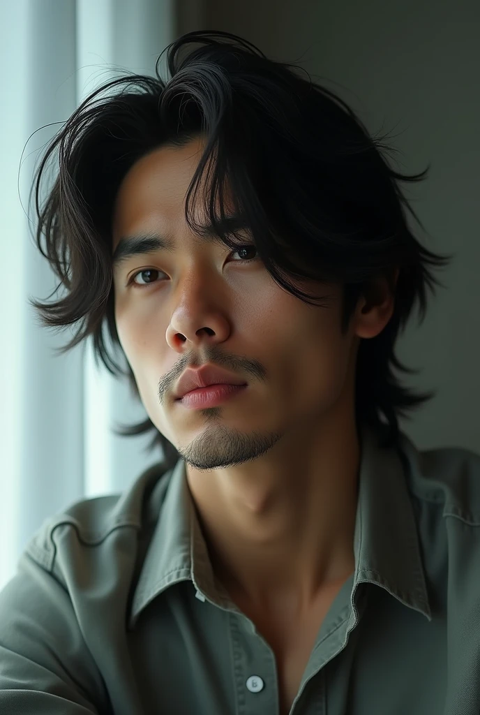 A 35-year-old man with a bit of Japanese and Brazilian descent, show only from the bust up to the face, medium length hair, parted, slightly messy, dreamhsaper