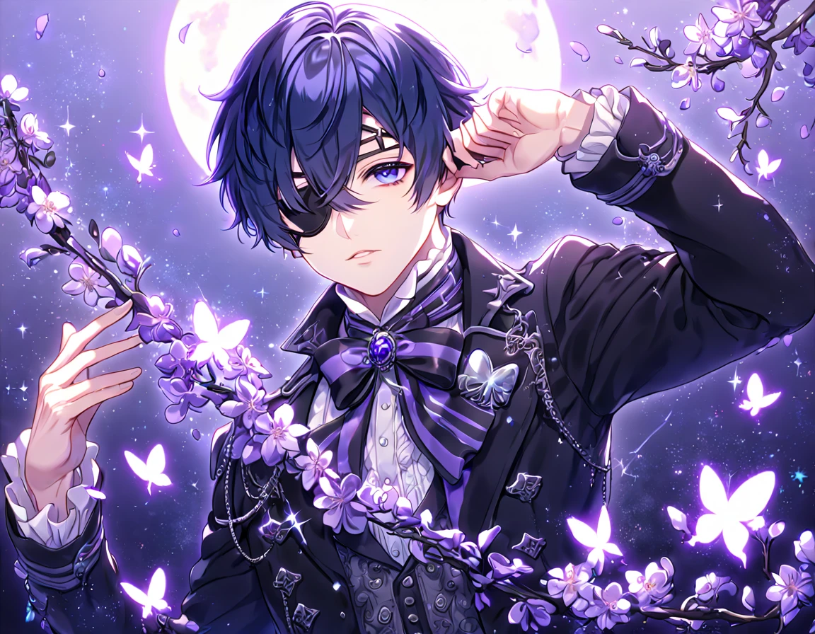 absurdres, highres, ultra detailed, HDR, master piece, best quality, extremely detailed, Ciel Phantomhive, dark blue hair, expressive blue eyes, black eye patch over the left eye, Kuroshitsuji, solo, man, handsome, manly man, black clothes, fantasy, magical, shining, purple flowers, blossoms, water, purple petals, purple butterflies, sparkling, purple moon, starry sky