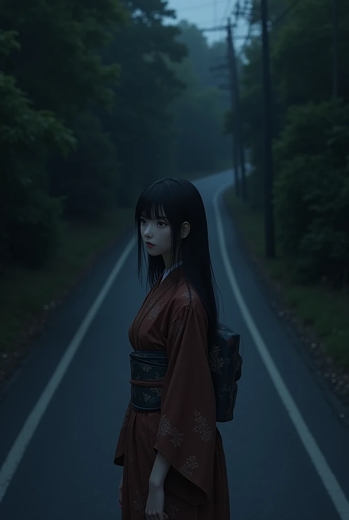 Japanese women。Black Hair。Fair skin。kimono。Long Hair。Gazing wistfully from the dark road ahead.

More realistically.。Bangs are straight。
