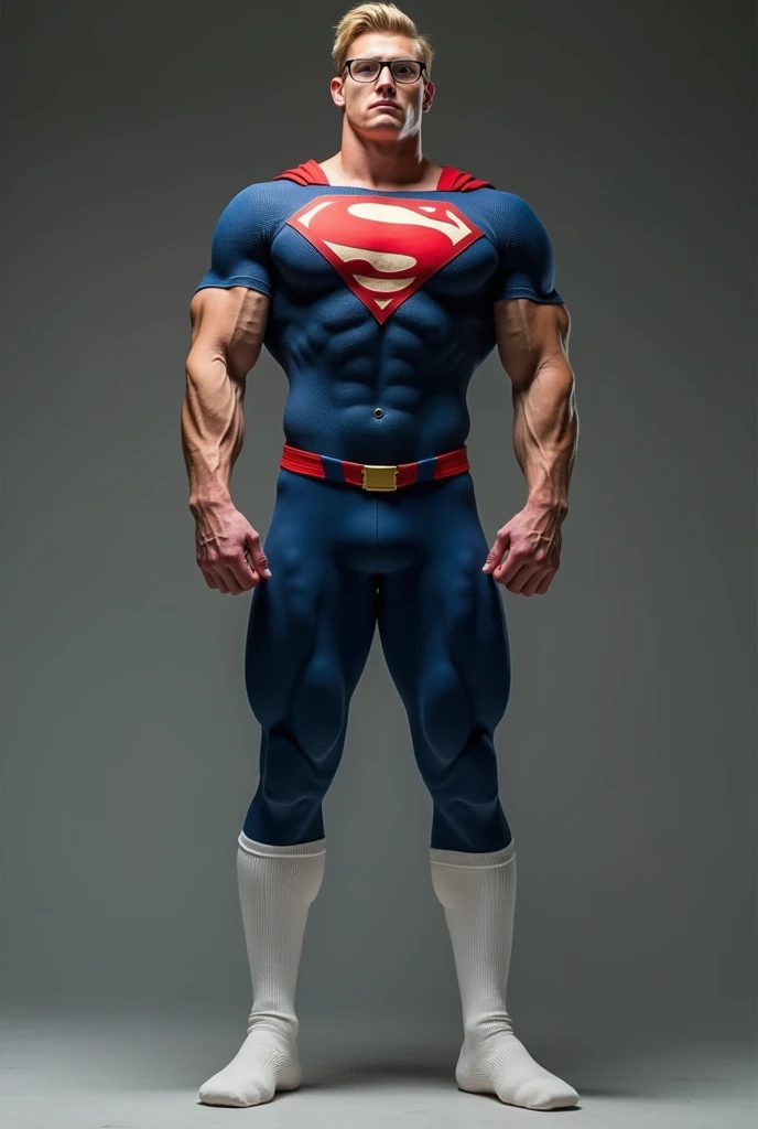 A 20-year-old blonde , white with glasses who possesses great musculature, especially highlighting his super muscular legs wearing a pair of extra long white football socks that are stretched so far they reach up to his thighs..
He wears a super tight spandex Superman jumpsuit.