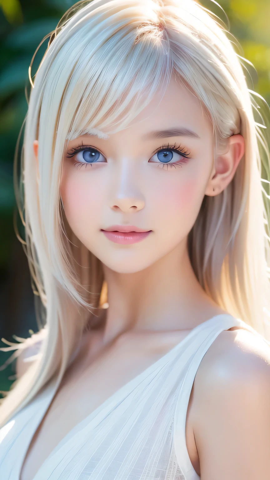 RAW Photos、(((A portrait of extreme beauty)))、((Radiant white beautiful skin))、1 person、A cute, child-faced, beautiful Nordic girl、((Glossy bright platinum blonde hair))、Cute clothes、Bangs that fall over the face、[Attractive, whitish, very light blue eyes]、Super long straight silky hair、eyeliner、Beautiful Bangs、Hair between the eyes、Fluttering Hair、smile、((masterpiece、最high quality、Super detailed、Film Light、Intricate details、High resolution、8k、Very detailed))、Detailed Background、8K  UHD、Digital SLR、Soft light、high quality、Film Grain、Fujifilm XT3 、Shallow depth of field、Natural light、（Perfect hands）、Small Face Beauty、Round face、Perfect beautiful face、Large Breasts