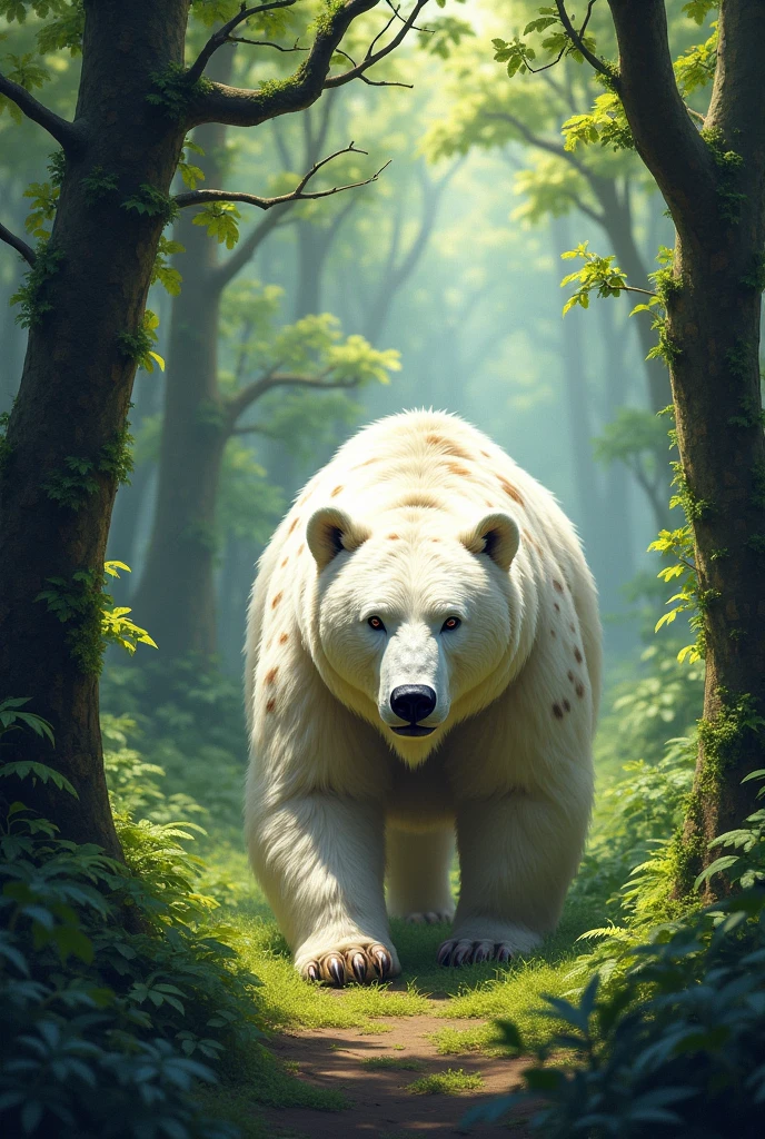 Make a white bear with brown spots all over it, walking in a lush green forest