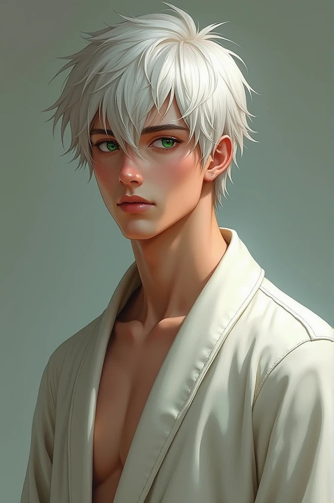 A hot boy with white hair and Green eyes, wearing a casual robe