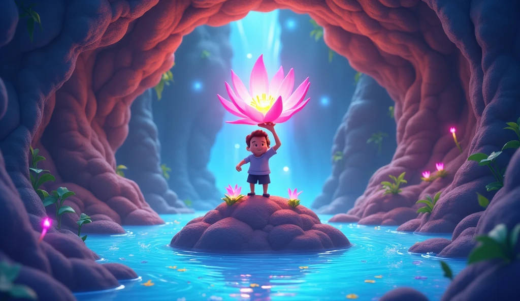 A cave, a small mound in that cave, a man is standing on that mound with a magical flower, water is flowing all around the mound, 3d cartoon image