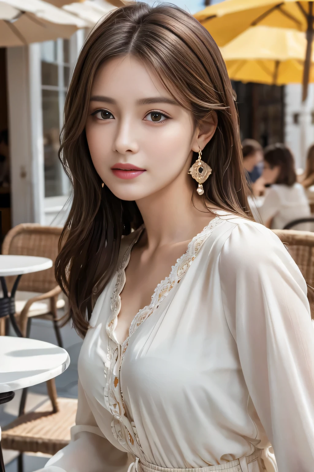 masterpiece, Highest quality, Realistic, Very detailed, Finer details, High resolution, 8k wallpaper, One beautiful woman,Wear a nice blouse, On the terrace of a lovely cafe, at noon, Light brown messy hair, Perfect dynamic composition, Beautiful and beautiful eyes、Big earrings、