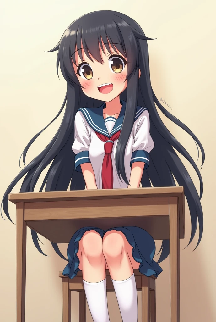 Create a tall, funny girl with a big beautiful smile, long black anime schoolgirl hair, sitting at a desk with her legs crossed, with a flushed face. 