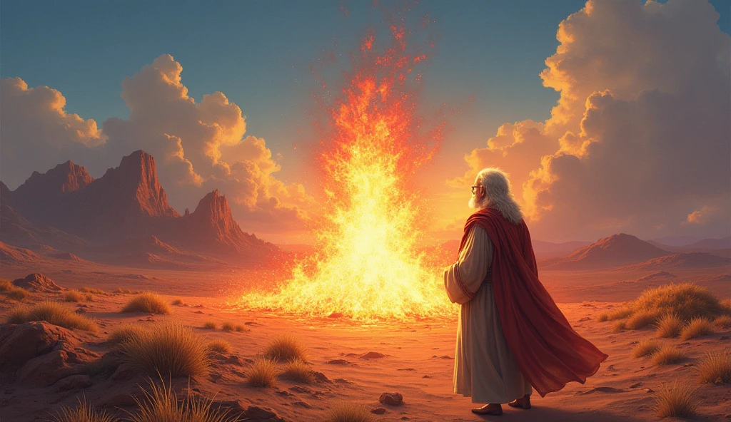 moisés, an elderly man with white hair and beard, is standing before a burning bush, that shines brightly in shades of red and orange. The background is an arid desert, with mountains in the distance under a blue sky. The scene conveys a sense of awe and discovery.