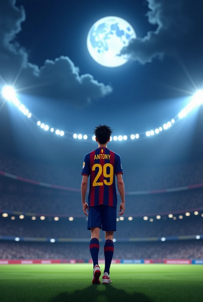 Animated young man wearing the Barcelona number 29 shirt with the name Antony, from behind entering a football stadium looking up at the sky at the moon in profile