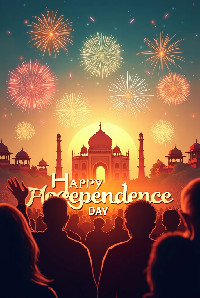 A vibrant scene of India’s Independence Day celebration with a backdrop of iconic Indian landmarks such as the Red Fort, India Gate, and the Taj Mahal. The background should be filled with festive colors like saffron, white, and green representing the Indian flag. In the sky, fireworks should be bursting with colors. " Happy Independence Day" should be written in a unique, elegant, and stylized font, blending seamlessly into the scene, with a glowing effect around the text. The overall image should evoke a sense of pride and patriotism.

Is prompt se AI aapke desired image ko generate kar sakti hai. Agar aapko kuch aur specific details chahiye ho toh bata sakte hain.


2/2










