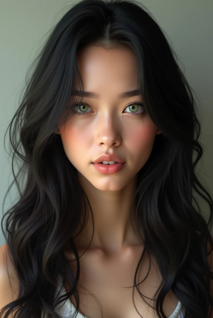 Photorealistic, 20 year old, Caucasian woman, green eyes, black hair, standing up