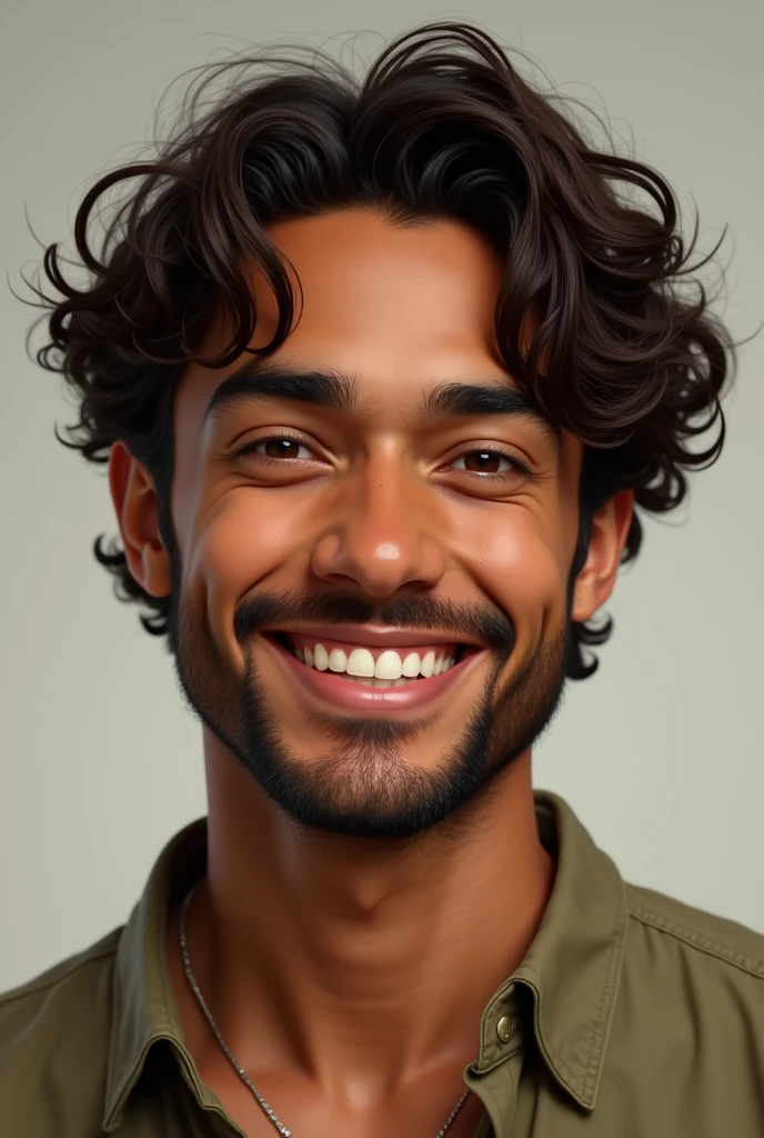 Medium hair man, curly dark brown hair, thick eyebrow, thin face, smiling, brown skin , clara and short beard