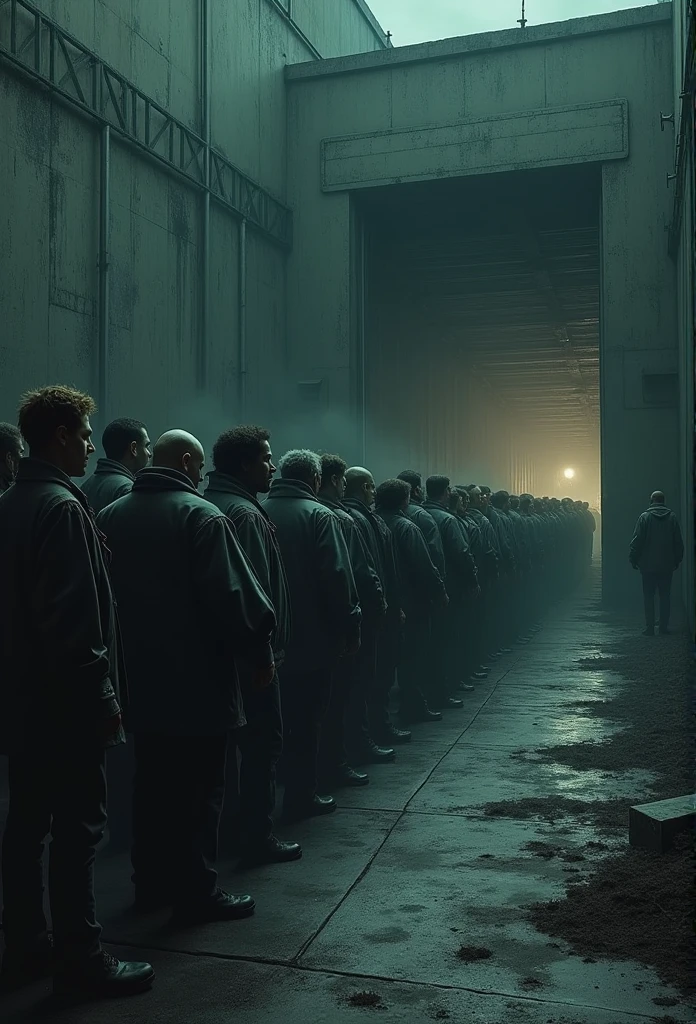 A line of people outside a warehouse at a big door, nightmare