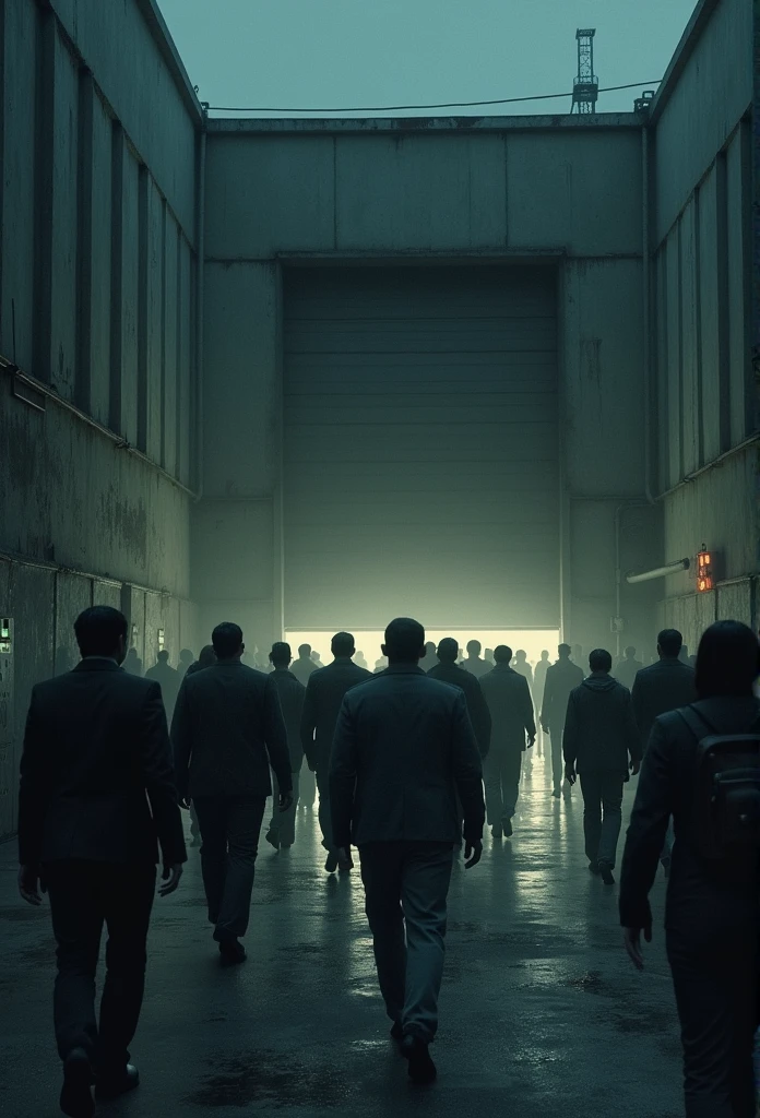 A line of people outside a warehouse at a big door, nightmare