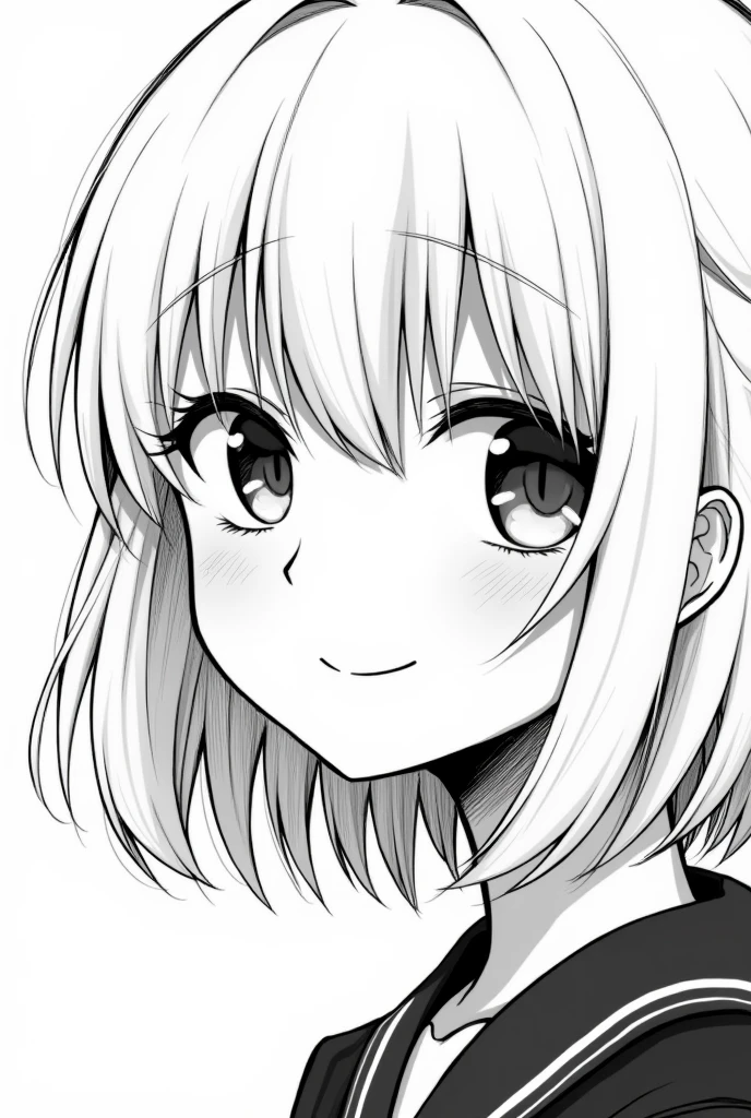 Black and white manga image of a girl with shoulder-length white hair with two strands over her face wearing Japanese shiny lips smiling