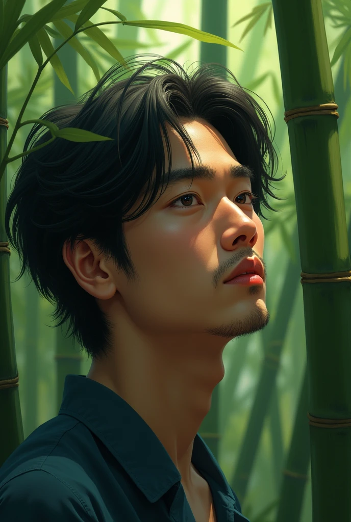 A 35-year-old man with a bit of Japanese and Brazilian descent, show only from the bust up to the face, medium length hair, parted, slightly messy, in the midst of a bamboo grove dreamhsaper