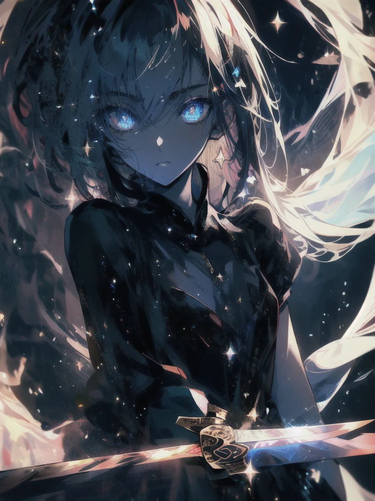 Holding a one-handed sword、Please take the black sword.、((masterpiece, highest quality, Super detailed, High resolution)), alone, beautiful girl, shining eyes, perfect eyes, 15 years old, black white gold theme,