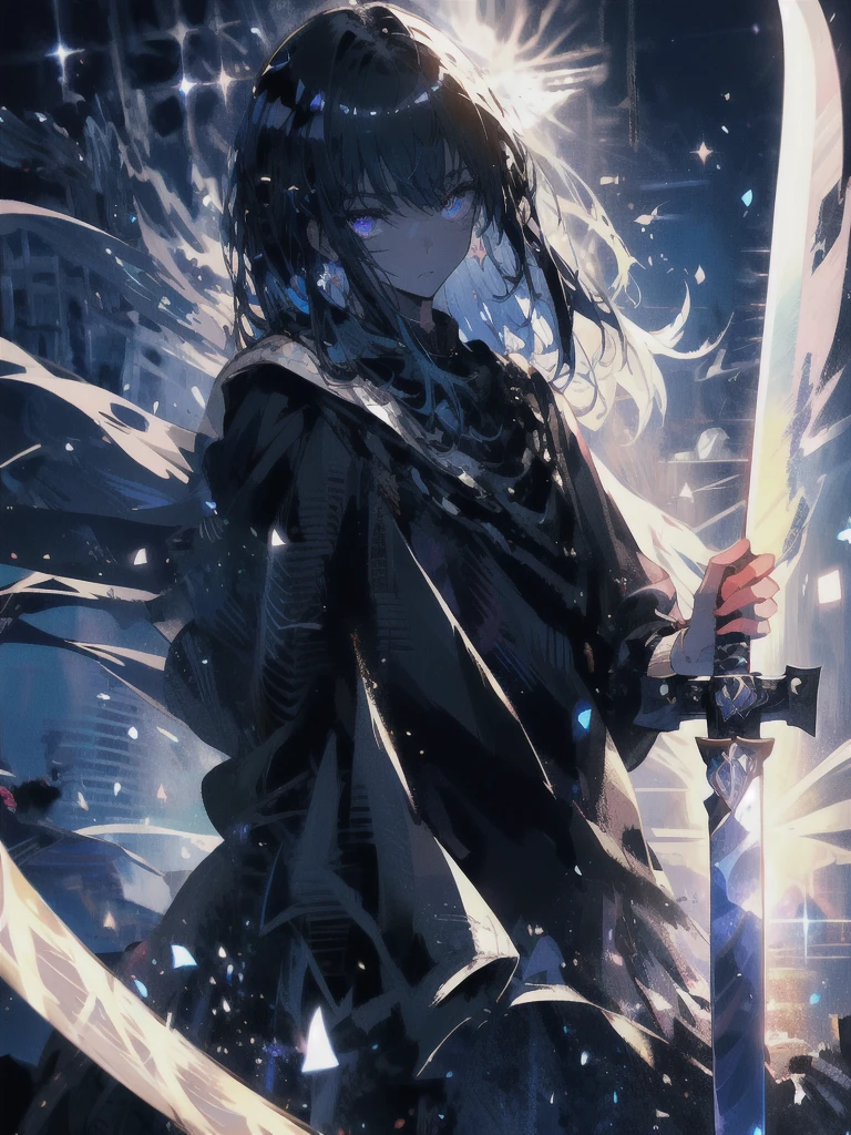 Holding a one-handed sword、Please take the black sword.、((masterpiece, highest quality, Super detailed, High resolution)), alone, beautiful girl, shining eyes, perfect eyes, 15 years old, black white gold theme,