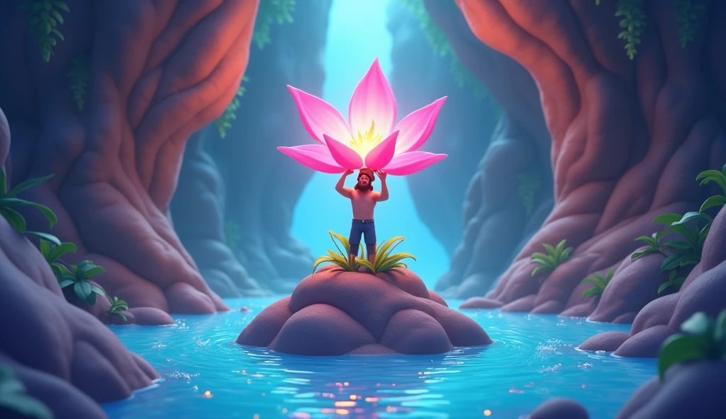 A cave, a small mound in that cave, a man is standing on that mound with a magical flower, water is flowing all around the mound, 3d cartoon image