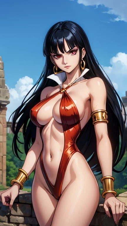 (1girl, Vampirella), (extremely detailed CG unit 8k wallpaper),(master part), (best quality), (ultra detail), (best illustration),(One Piece Style), cowboy shot, (Sharp eyeliner, ombre, detailed eyes:1), medieval ruins background, break , upper body, bangle, armlet, boots,blunt bangs, black hair, long hair, slingshot swimsuit, criss-cross halter, earrings, eyeshadow, popped collar,