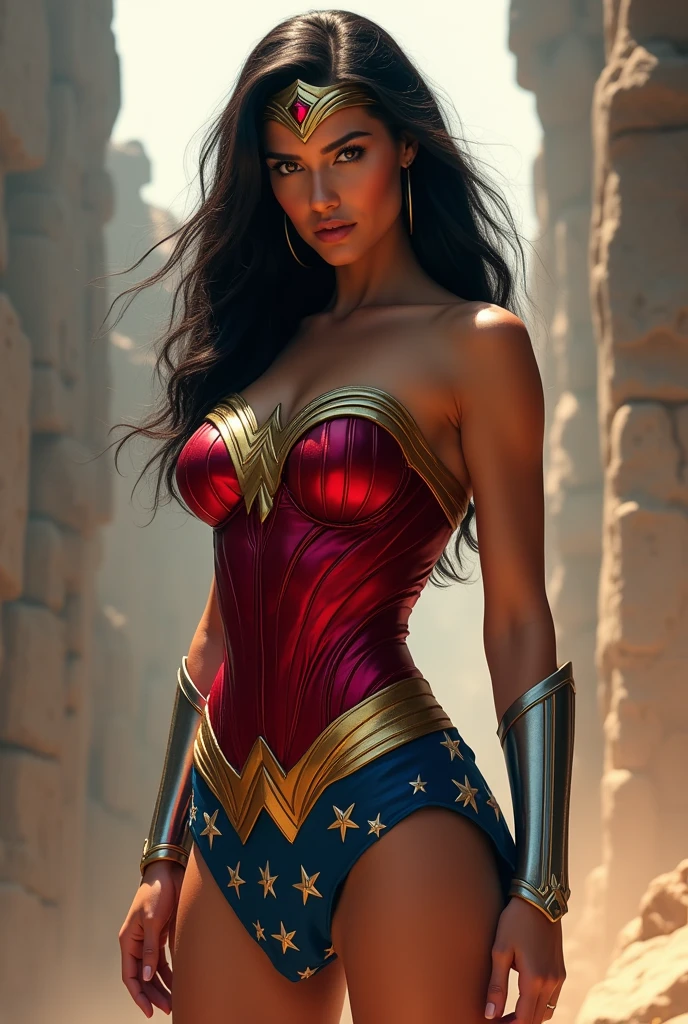 Adriana Lima under the mantle of the Amazon warrior Wonder Woman long black hair (((Red corset suit and blue leggings with stars))),(((Red boots))) Wonder Woman diaema on her forehead Justice League DC Universe