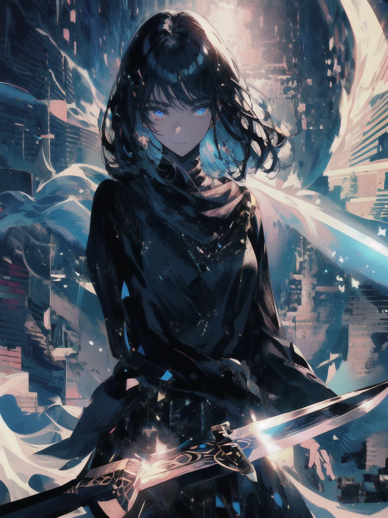 Holding a one-handed sword、Please take the black sword.、((masterpiece, highest quality, Super detailed, High resolution)), alone, beautiful girl, shining eyes, perfect eyes, , black white gold theme,