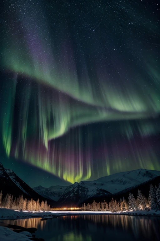 "A stunning night scene with the Northern Lights shining in the sky. The lights dance in waves of green, purple and blue, forming undulating patterns that illuminate the horizon. Below, a frozen landscape with a partially frozen lake reflects the lights from the sky, while "In the distance, snow-capped mountains rise majestically. A snow-covered pine forest surrounds the lake, adding a touch of mystery. The stars twinkle faintly between the auroras, completing this magical view of nature at its finest."